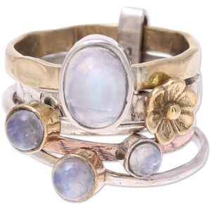 Rainbow Moonstone Cocktail Ring  Mixed Metal .925 Sterling Silver, Size 9